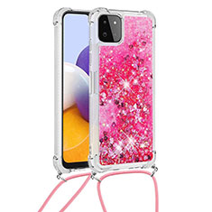 Custodia Silicone Cover Morbida Bling-Bling con Cinghia Cordino Mano S03 per Samsung Galaxy A22 5G Rosa Caldo