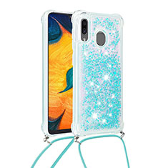 Custodia Silicone Cover Morbida Bling-Bling con Cinghia Cordino Mano S03 per Samsung Galaxy A30 Cielo Blu