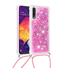 Custodia Silicone Cover Morbida Bling-Bling con Cinghia Cordino Mano S03 per Samsung Galaxy A30S Rosa Caldo