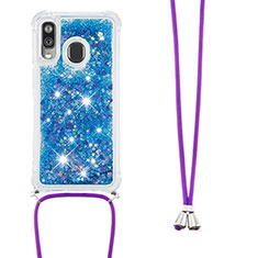 Custodia Silicone Cover Morbida Bling-Bling con Cinghia Cordino Mano S03 per Samsung Galaxy A40 Blu