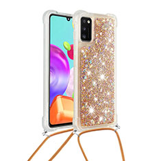 Custodia Silicone Cover Morbida Bling-Bling con Cinghia Cordino Mano S03 per Samsung Galaxy A41 Oro