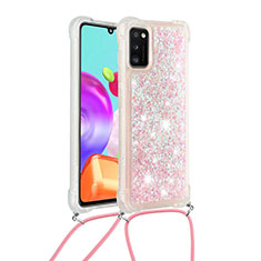 Custodia Silicone Cover Morbida Bling-Bling con Cinghia Cordino Mano S03 per Samsung Galaxy A41 Rosa