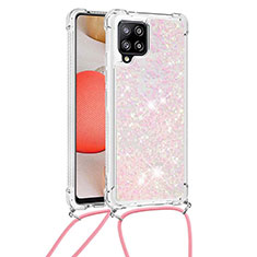 Custodia Silicone Cover Morbida Bling-Bling con Cinghia Cordino Mano S03 per Samsung Galaxy A42 5G Rosa