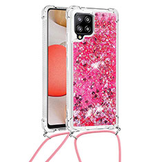 Custodia Silicone Cover Morbida Bling-Bling con Cinghia Cordino Mano S03 per Samsung Galaxy A42 5G Rosa Caldo