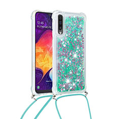 Custodia Silicone Cover Morbida Bling-Bling con Cinghia Cordino Mano S03 per Samsung Galaxy A50 Verde