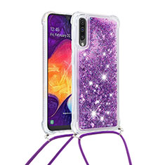 Custodia Silicone Cover Morbida Bling-Bling con Cinghia Cordino Mano S03 per Samsung Galaxy A50 Viola