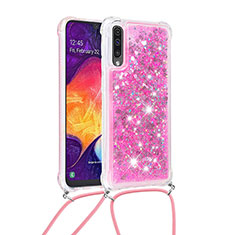 Custodia Silicone Cover Morbida Bling-Bling con Cinghia Cordino Mano S03 per Samsung Galaxy A50S Rosa Caldo