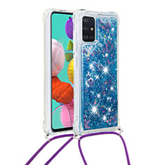 Custodia Silicone Cover Morbida Bling-Bling con Cinghia Cordino Mano S03 per Samsung Galaxy A51 4G Blu