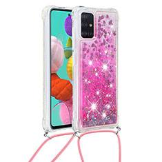 Custodia Silicone Cover Morbida Bling-Bling con Cinghia Cordino Mano S03 per Samsung Galaxy A51 5G Rosa Caldo