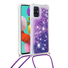Custodia Silicone Cover Morbida Bling-Bling con Cinghia Cordino Mano S03 per Samsung Galaxy A51 5G Viola