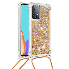 Custodia Silicone Cover Morbida Bling-Bling con Cinghia Cordino Mano S03 per Samsung Galaxy A52 4G Oro