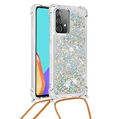 Custodia Silicone Cover Morbida Bling-Bling con Cinghia Cordino Mano S03 per Samsung Galaxy A52 5G Argento