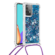 Custodia Silicone Cover Morbida Bling-Bling con Cinghia Cordino Mano S03 per Samsung Galaxy A52 5G Blu