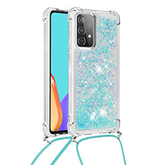 Custodia Silicone Cover Morbida Bling-Bling con Cinghia Cordino Mano S03 per Samsung Galaxy A52 5G Cielo Blu