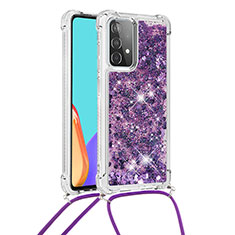 Custodia Silicone Cover Morbida Bling-Bling con Cinghia Cordino Mano S03 per Samsung Galaxy A52 5G Viola