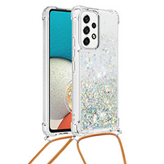 Custodia Silicone Cover Morbida Bling-Bling con Cinghia Cordino Mano S03 per Samsung Galaxy A53 5G Argento