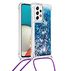 Custodia Silicone Cover Morbida Bling-Bling con Cinghia Cordino Mano S03 per Samsung Galaxy A53 5G Blu