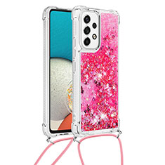 Custodia Silicone Cover Morbida Bling-Bling con Cinghia Cordino Mano S03 per Samsung Galaxy A53 5G Rosa Caldo