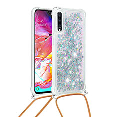 Custodia Silicone Cover Morbida Bling-Bling con Cinghia Cordino Mano S03 per Samsung Galaxy A70 Argento