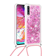 Custodia Silicone Cover Morbida Bling-Bling con Cinghia Cordino Mano S03 per Samsung Galaxy A70 Rosa Caldo