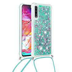 Custodia Silicone Cover Morbida Bling-Bling con Cinghia Cordino Mano S03 per Samsung Galaxy A70 Verde