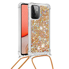 Custodia Silicone Cover Morbida Bling-Bling con Cinghia Cordino Mano S03 per Samsung Galaxy A72 4G Oro