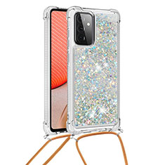 Custodia Silicone Cover Morbida Bling-Bling con Cinghia Cordino Mano S03 per Samsung Galaxy A72 5G Argento