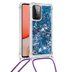 Custodia Silicone Cover Morbida Bling-Bling con Cinghia Cordino Mano S03 per Samsung Galaxy A72 5G Blu