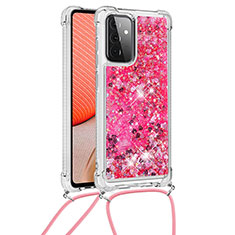 Custodia Silicone Cover Morbida Bling-Bling con Cinghia Cordino Mano S03 per Samsung Galaxy A72 5G Rosa Caldo