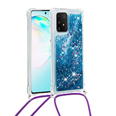 Custodia Silicone Cover Morbida Bling-Bling con Cinghia Cordino Mano S03 per Samsung Galaxy A91 Blu