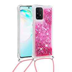 Custodia Silicone Cover Morbida Bling-Bling con Cinghia Cordino Mano S03 per Samsung Galaxy A91 Rosa Caldo