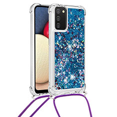 Custodia Silicone Cover Morbida Bling-Bling con Cinghia Cordino Mano S03 per Samsung Galaxy F02S SM-E025F Blu