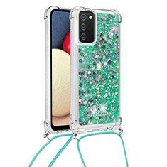 Custodia Silicone Cover Morbida Bling-Bling con Cinghia Cordino Mano S03 per Samsung Galaxy F02S SM-E025F Verde