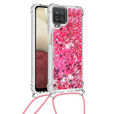 Custodia Silicone Cover Morbida Bling-Bling con Cinghia Cordino Mano S03 per Samsung Galaxy F12 Rosa Caldo