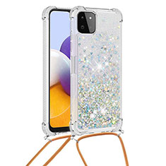 Custodia Silicone Cover Morbida Bling-Bling con Cinghia Cordino Mano S03 per Samsung Galaxy F42 5G Argento