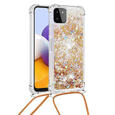 Custodia Silicone Cover Morbida Bling-Bling con Cinghia Cordino Mano S03 per Samsung Galaxy F42 5G Oro