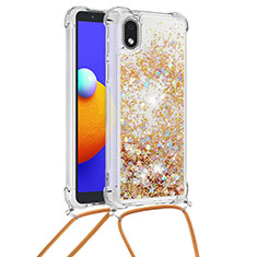 Custodia Silicone Cover Morbida Bling-Bling con Cinghia Cordino Mano S03 per Samsung Galaxy M01 Core Oro