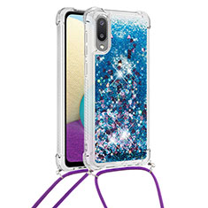 Custodia Silicone Cover Morbida Bling-Bling con Cinghia Cordino Mano S03 per Samsung Galaxy M02 Blu