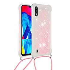 Custodia Silicone Cover Morbida Bling-Bling con Cinghia Cordino Mano S03 per Samsung Galaxy M10 Rosa