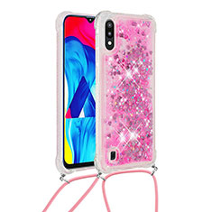 Custodia Silicone Cover Morbida Bling-Bling con Cinghia Cordino Mano S03 per Samsung Galaxy M10 Rosa Caldo
