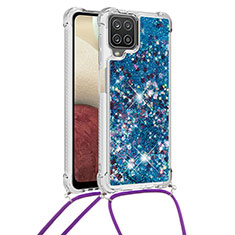 Custodia Silicone Cover Morbida Bling-Bling con Cinghia Cordino Mano S03 per Samsung Galaxy M12 Blu
