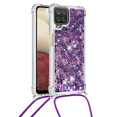 Custodia Silicone Cover Morbida Bling-Bling con Cinghia Cordino Mano S03 per Samsung Galaxy M12 Viola