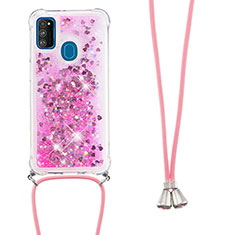 Custodia Silicone Cover Morbida Bling-Bling con Cinghia Cordino Mano S03 per Samsung Galaxy M21 Rosa Caldo
