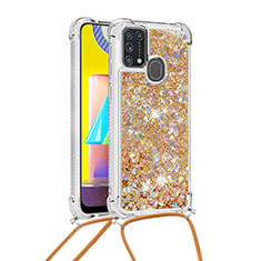 Custodia Silicone Cover Morbida Bling-Bling con Cinghia Cordino Mano S03 per Samsung Galaxy M21s Oro