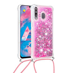 Custodia Silicone Cover Morbida Bling-Bling con Cinghia Cordino Mano S03 per Samsung Galaxy M30 Rosa Caldo