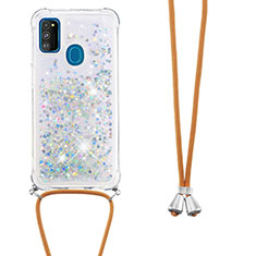 Custodia Silicone Cover Morbida Bling-Bling con Cinghia Cordino Mano S03 per Samsung Galaxy M30s Argento