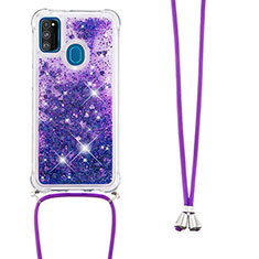 Custodia Silicone Cover Morbida Bling-Bling con Cinghia Cordino Mano S03 per Samsung Galaxy M30s Viola