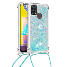 Custodia Silicone Cover Morbida Bling-Bling con Cinghia Cordino Mano S03 per Samsung Galaxy M31 Cielo Blu