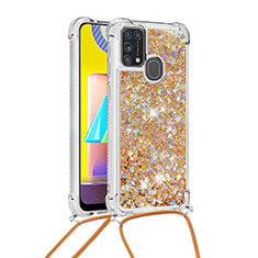 Custodia Silicone Cover Morbida Bling-Bling con Cinghia Cordino Mano S03 per Samsung Galaxy M31 Oro
