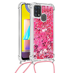 Custodia Silicone Cover Morbida Bling-Bling con Cinghia Cordino Mano S03 per Samsung Galaxy M31 Prime Edition Rosa Caldo